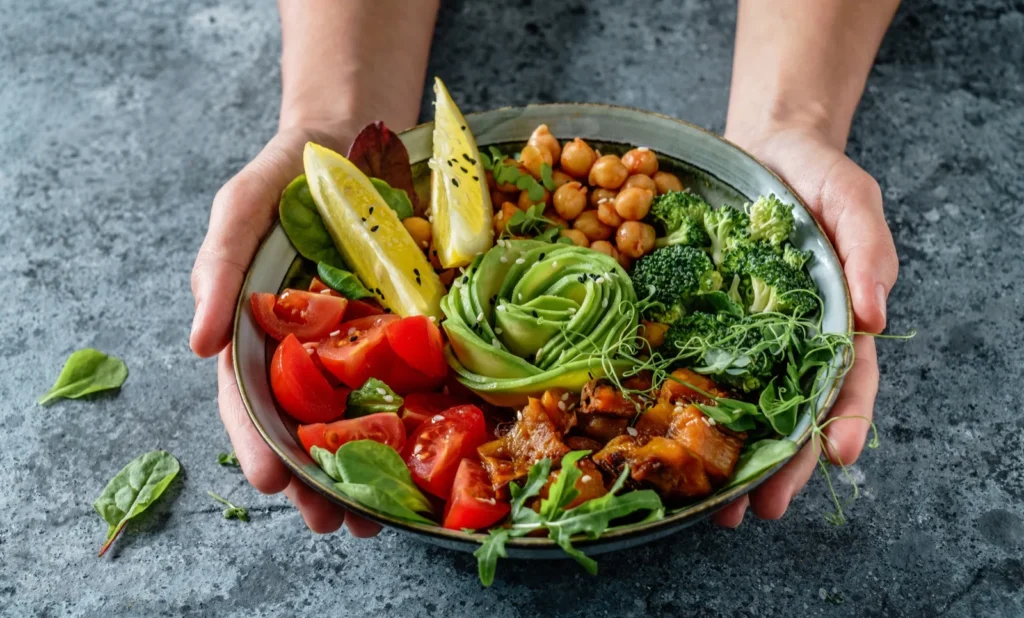 Buddha bowl met krokante kikkererwten, avocado, broccoli en tahin-dressing