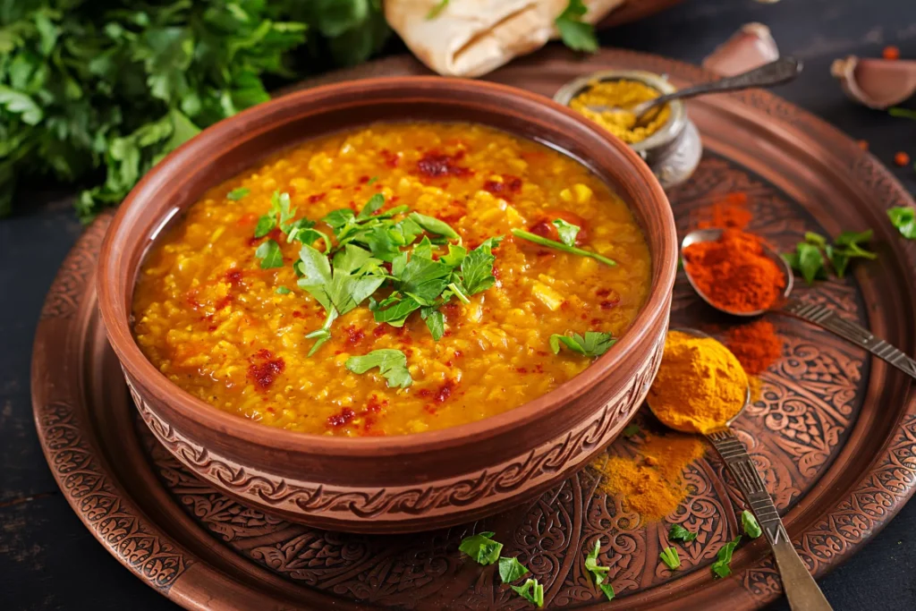 Kleurrijke dal-curry met linzen en verse kruiden