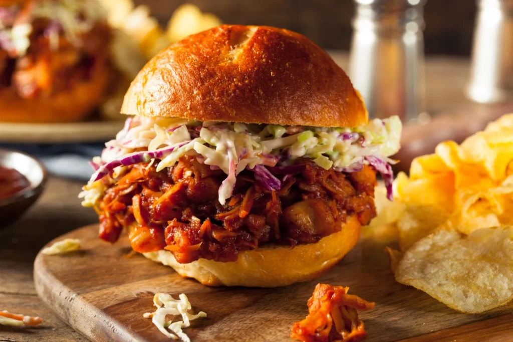 Broodje pulled jackfruit met frisse koolsalade en augurk