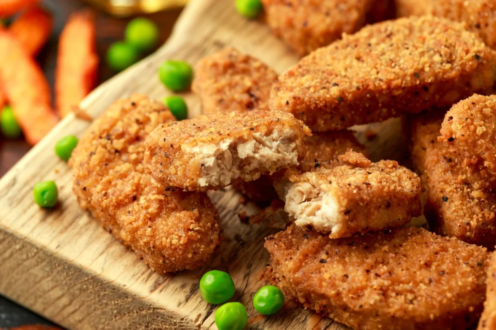 Gescheurde vegan kipstukjes van seitan, goudbruin gebakken